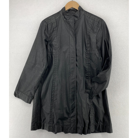 EILEEN FISHER Jacket S Waxed Cotton Trench Coat Duster Full Zip Black - Picture 1 of 14